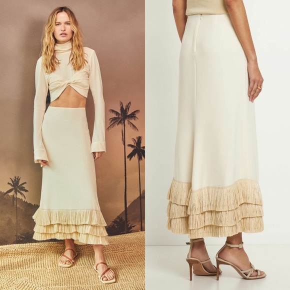 Johanna Ortiz Santuarios Crepe Raffia Midi Skirt Straw Neutral Ecru 10 FAIR - Picture 1 of 11